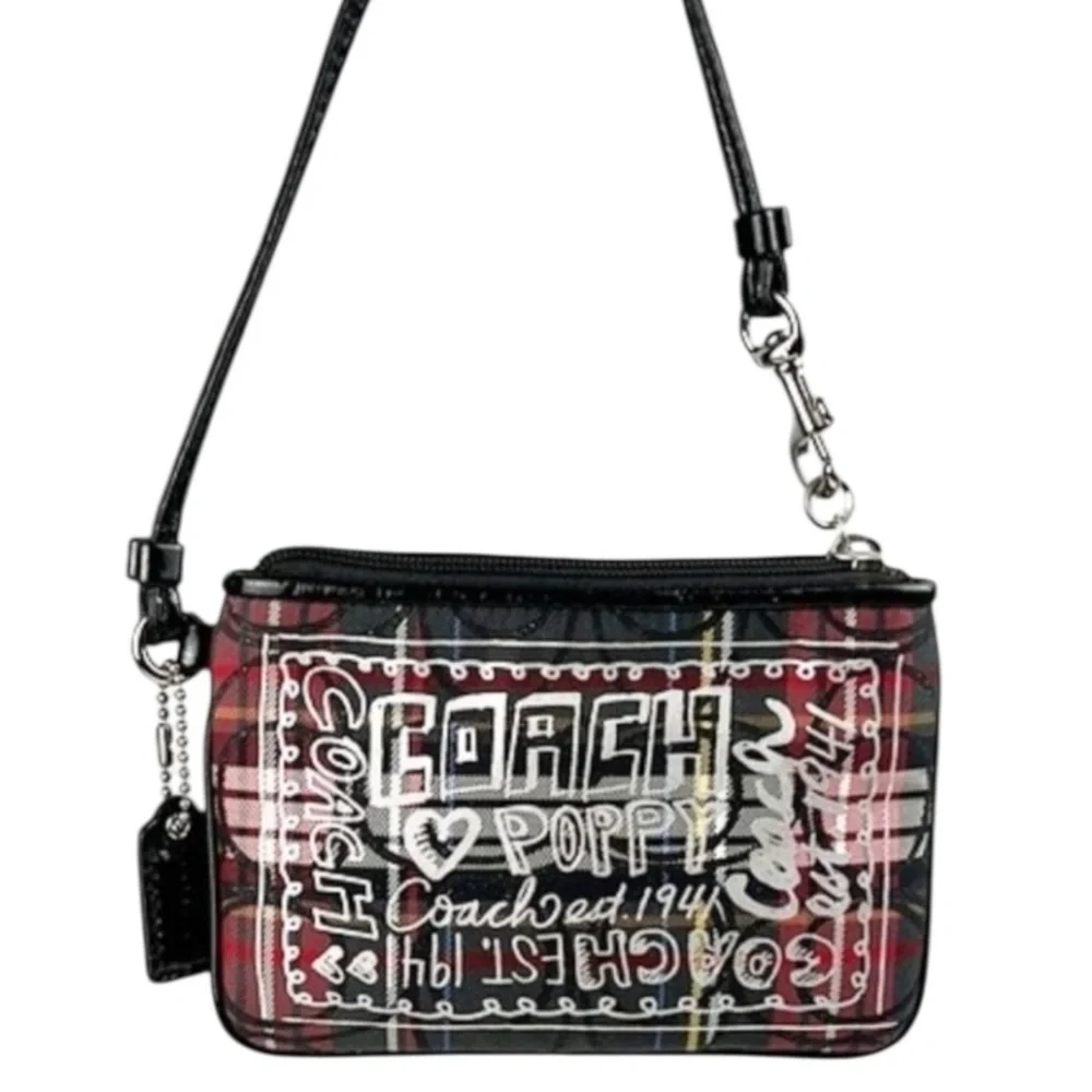 Coach Poppy Tartan Plaid Wristlet Black Red  Graffiti Patent Leather Y2K Vintage